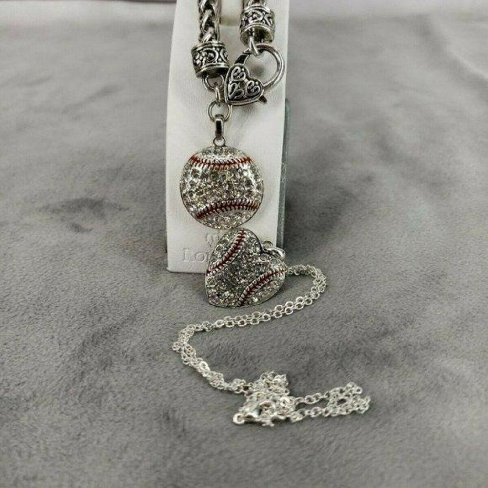 Baseball Heart Austrian Crystal Necklace Bracelet‎ set